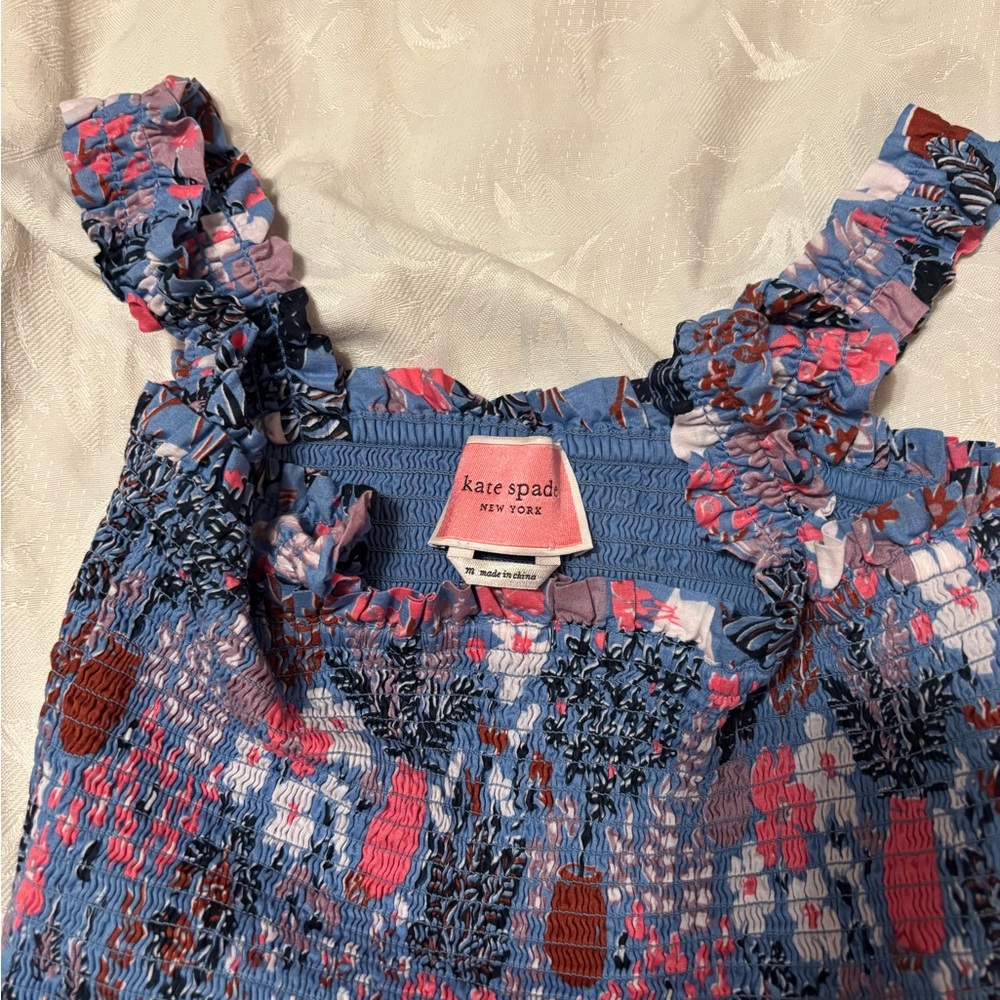 kate spade blue floral smocked tank with pink & brown accents